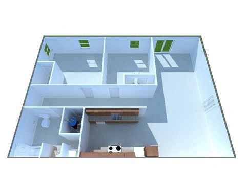 A 3D image of a house layout with a kitchen, living room, and bathroom.